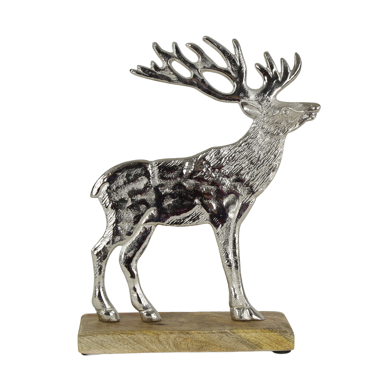 Metallhirsch auf Holzsockel, Metallhirsch silber beschlagen, 24cm