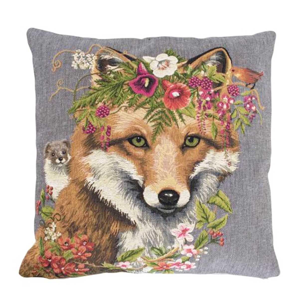 Gobelin Kissen Fuchs, Fuchs mit Blumen und Marder, 45x45cm, Mars & More