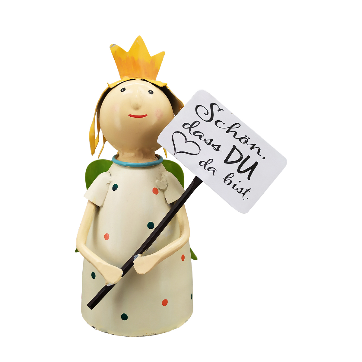 Zaunhocker Engel Schutzengel, Metallengel mit Krone und Schild: Schön, dass du da bist, 24cm