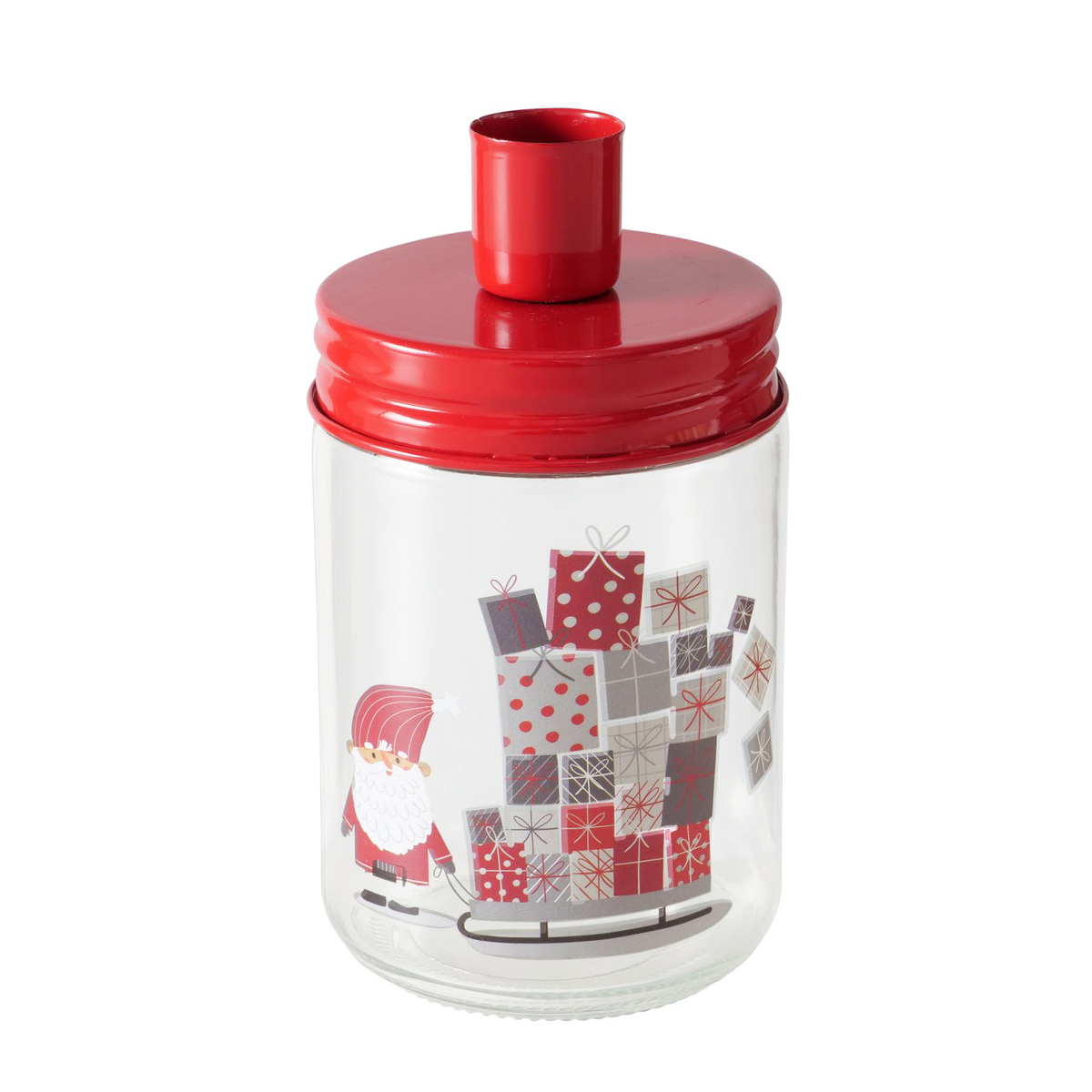 2050236-1_01J82MKN8BQD89X59WX46XDDWAozcqM6s5f5k5R Kerzenglas Weihnachtsmann, Kerzenhalter rot, mit Schlitten und Geschenke, Boltze Home Collections