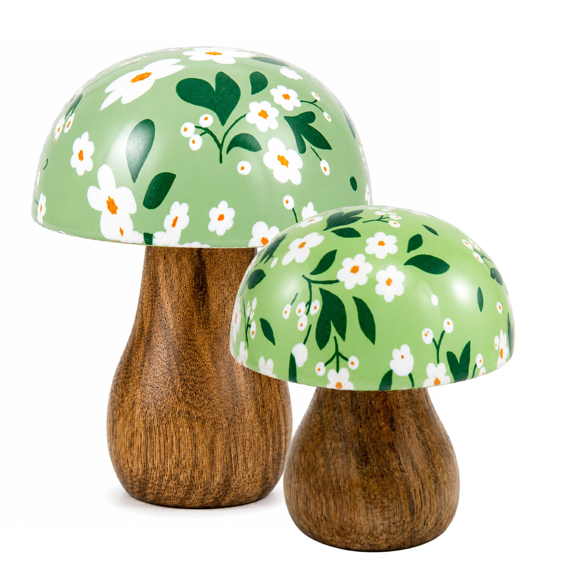Deko Pilz mit grüner Kappe und Blumenmuster, kleiner Holzpilz, 8cm