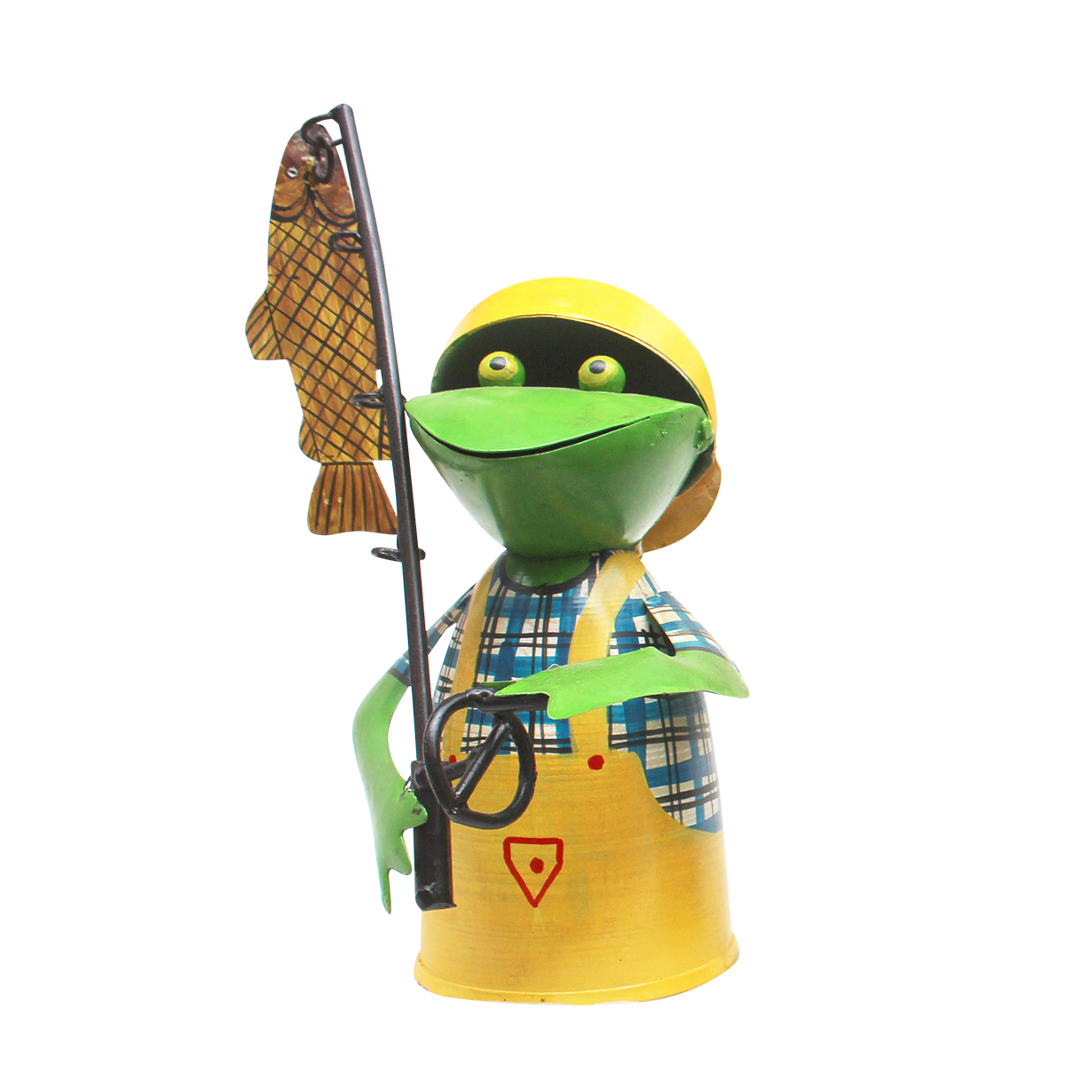 Zaunhocker Frosch Angler, Metallfrosch mit Angel und Fisch, gelbe Schürze, 25cm