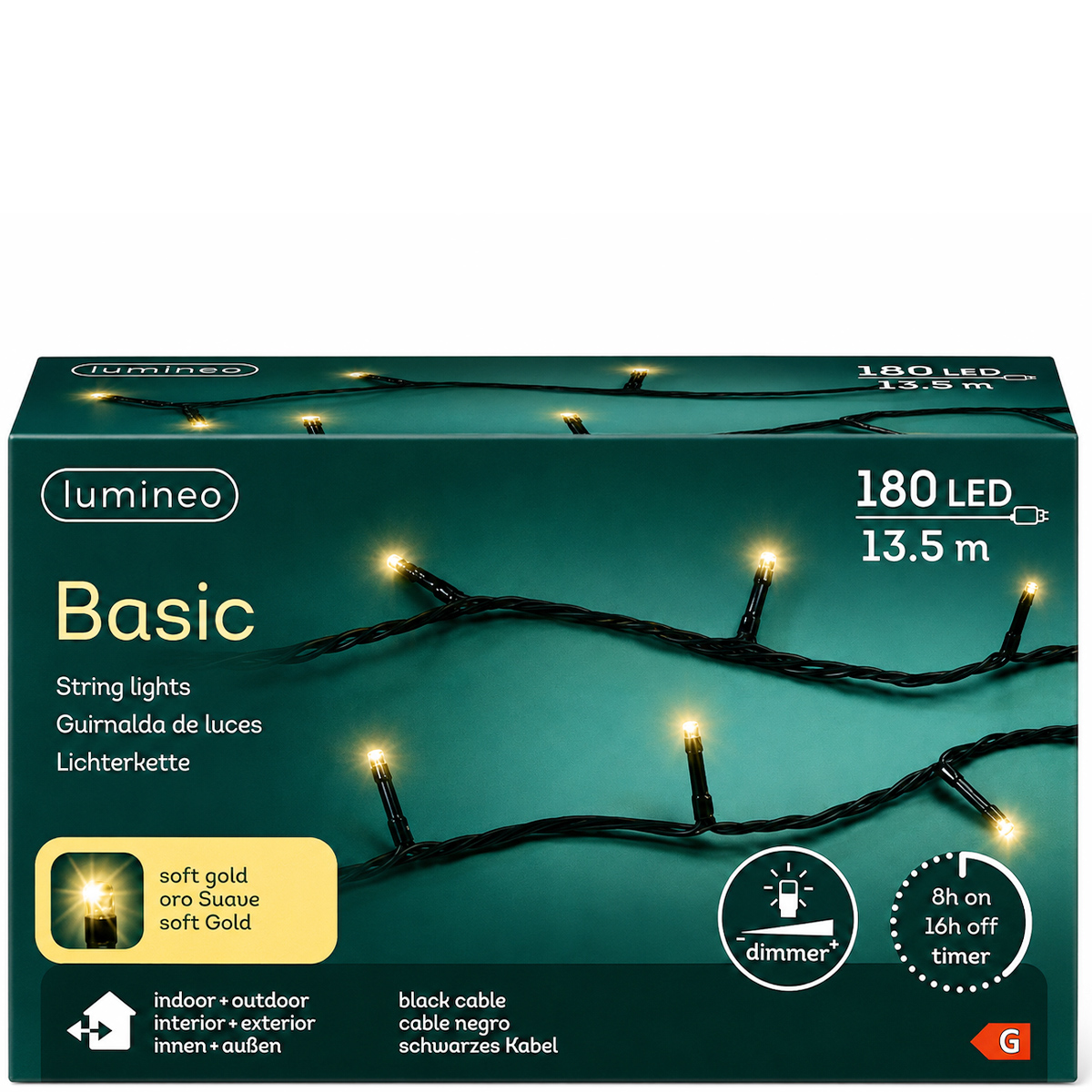LED Lichterkette, Softgold, 180 LED, 13m, Outdoor, Lumineo
