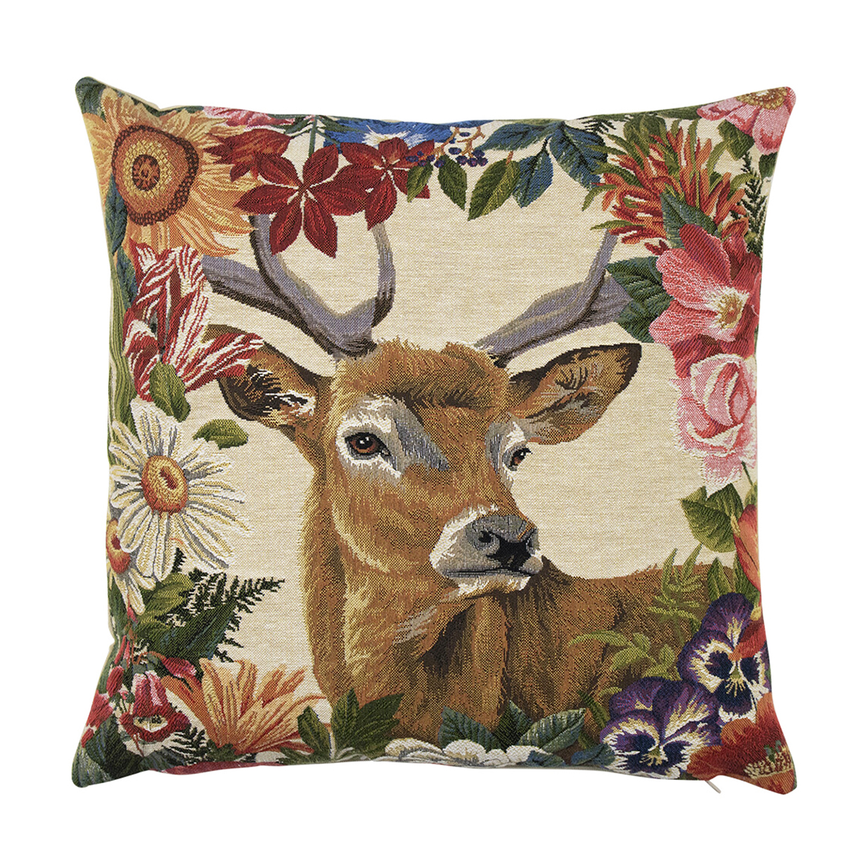 EVKSBLGH-KopieHhkDuHWaI7d8g Gobelin Kissen Hirsch Stürmer, Rotwild Hirsch mit Blumen, 45x45cm, Mars & More