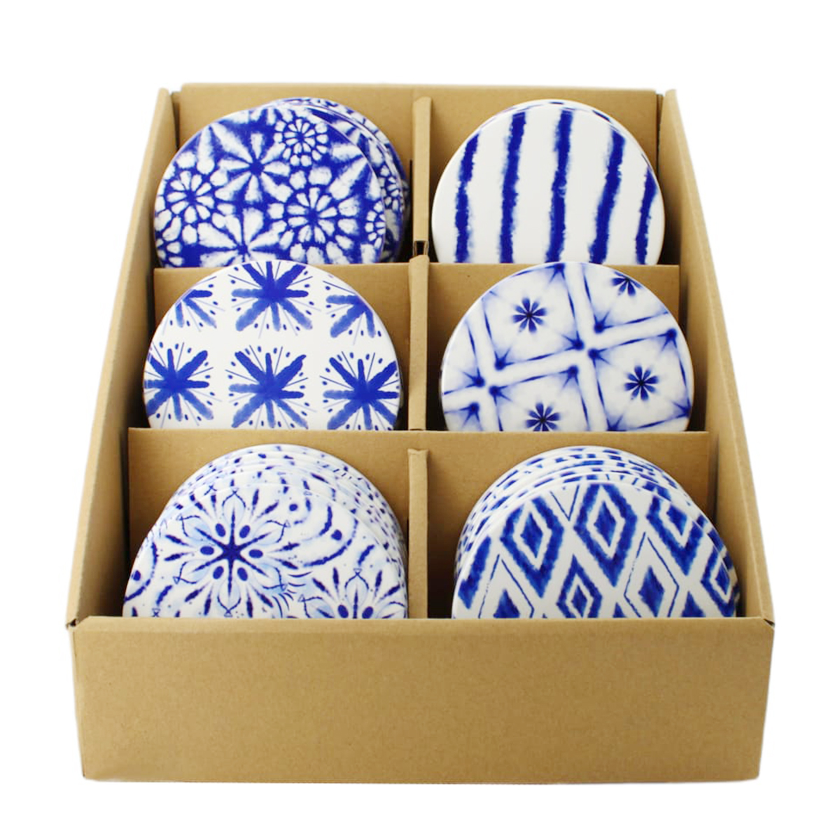 Deko Untersetzer rund, Keramikuntersetzer blau-weiß, 6 unterschiedliche Muster, Ø10cm, DIJK Natural 