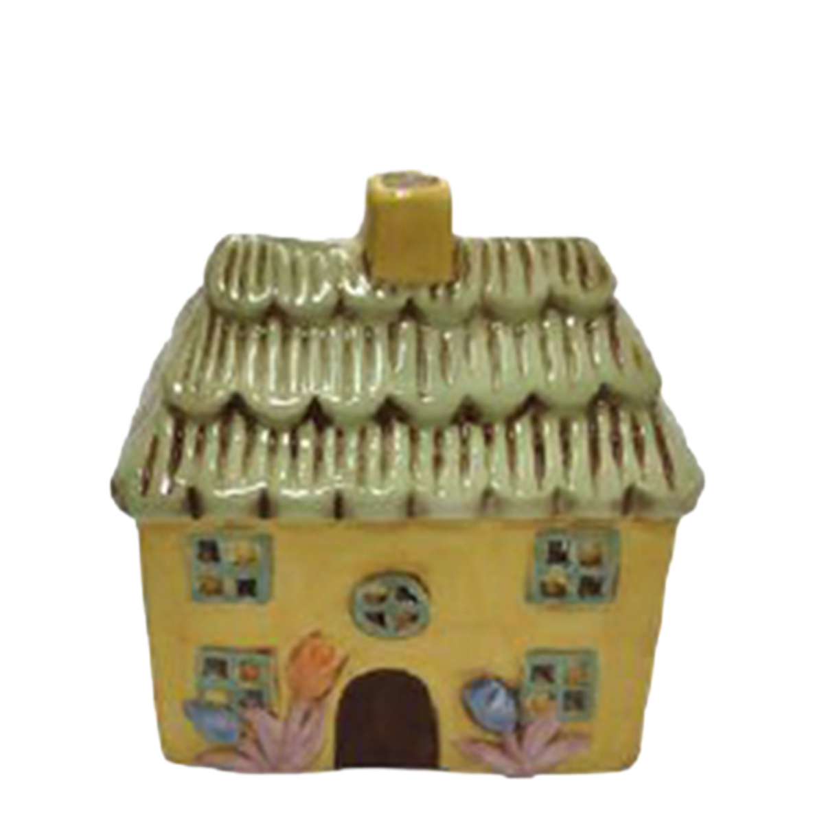 Windlicht Haus gelb, putziges Keramikhaus mit Blumen, 12cm