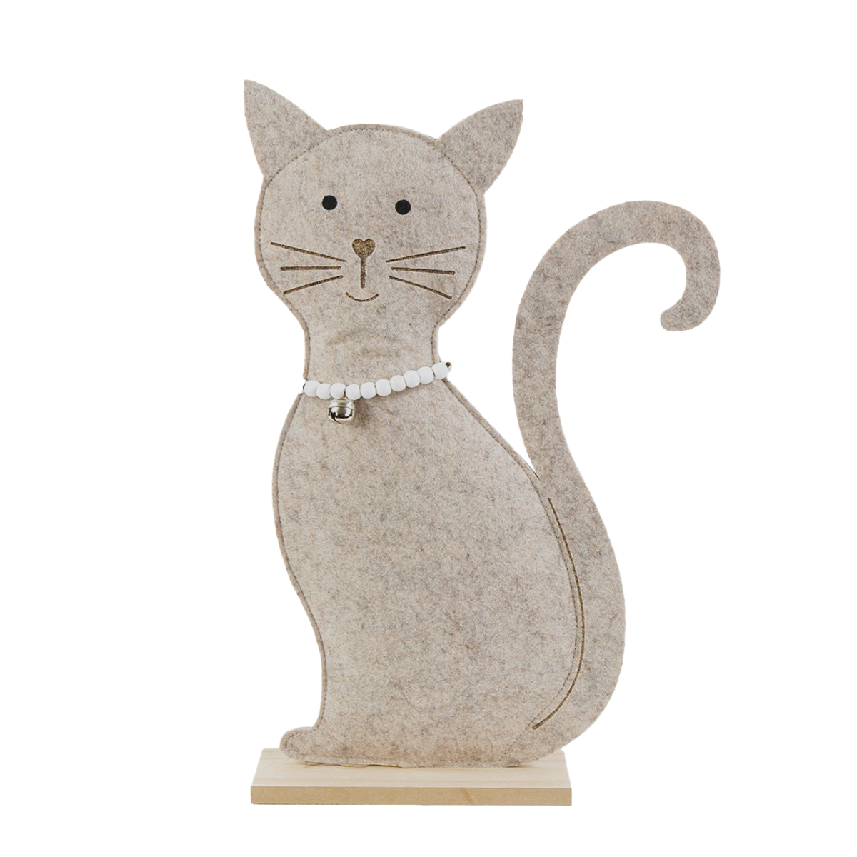 Deko Katze, Filzkatze mit Halskette und Glöckchen, 45cm, Aufsteller