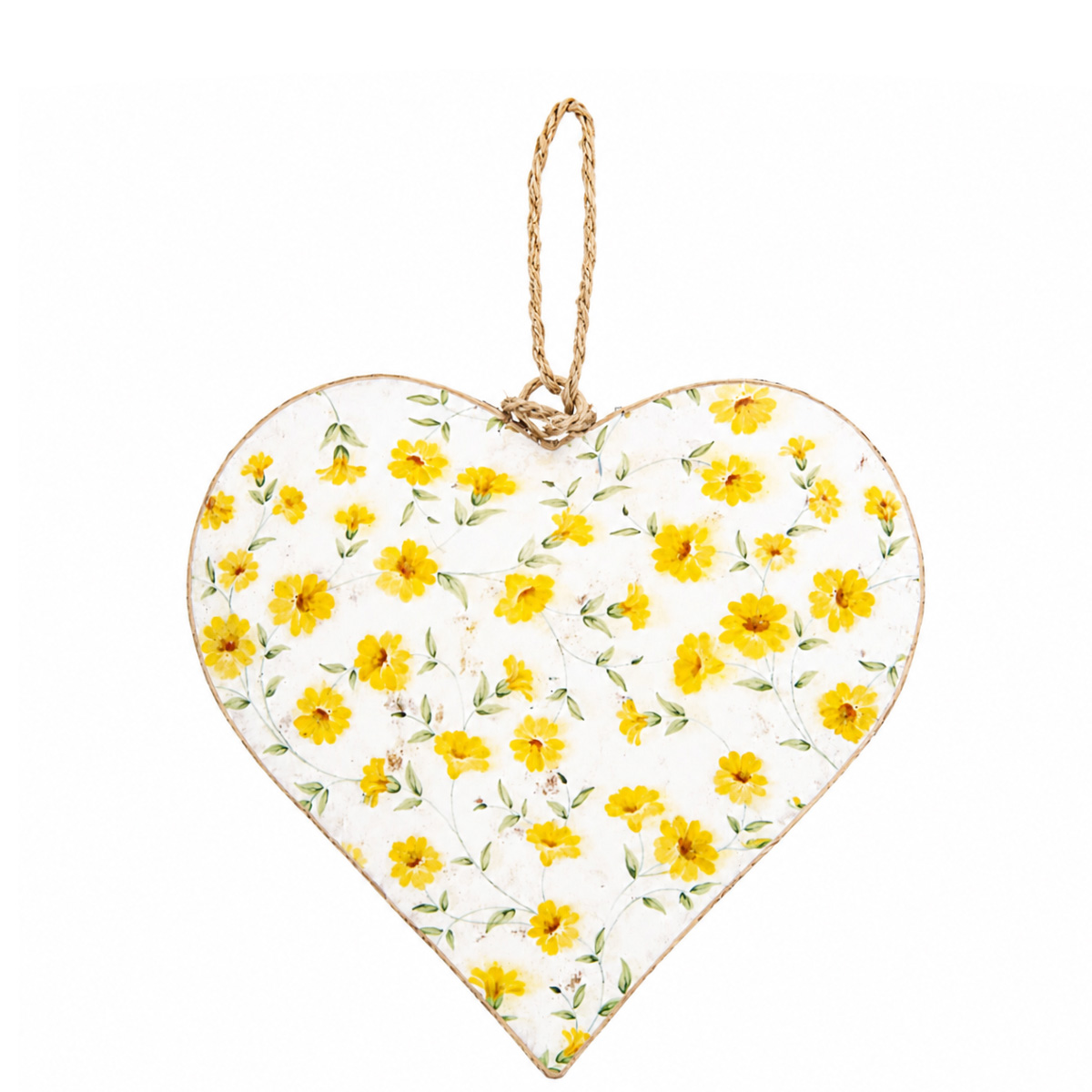 Deko Herz mit Blumen, Metallherz mit zart-gelbem Blumenmuster, 12cm