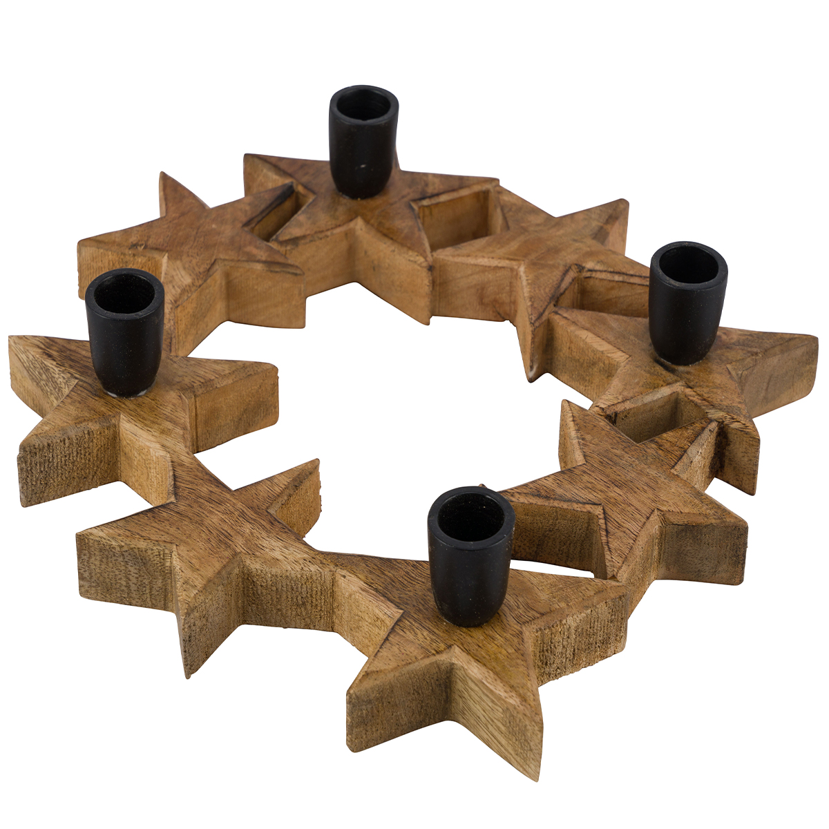 Kerzenhalter Sternenkranz, Holz-Metall-Kerzenhalter für 4 Stabkerzen in Sternform, natur-schwarz
