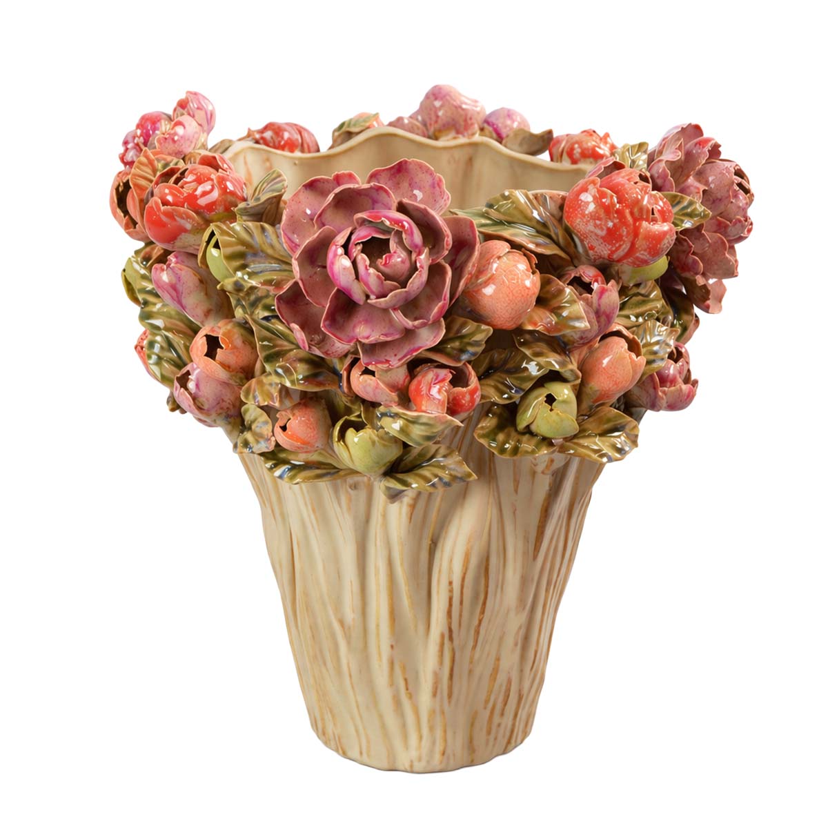 Blumenvase mit Rosendekor, üppige Keramikvase, 28cm 