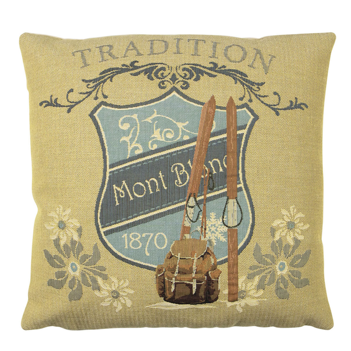 Gobelin Kissen Ski, Rucksack und Edelweiß, Mont Blanc 1870, 45x45cm, Mars & More