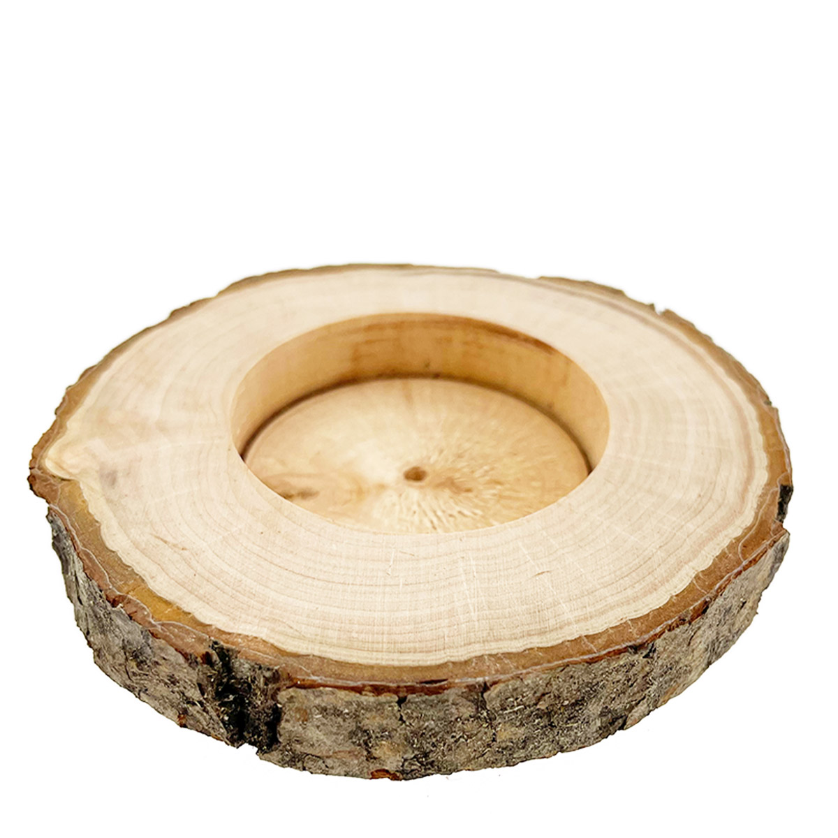 Teelichthalter Naturholz, Holzscheibe mit Rinde, Aussparung für Teelichte, Ø9cm