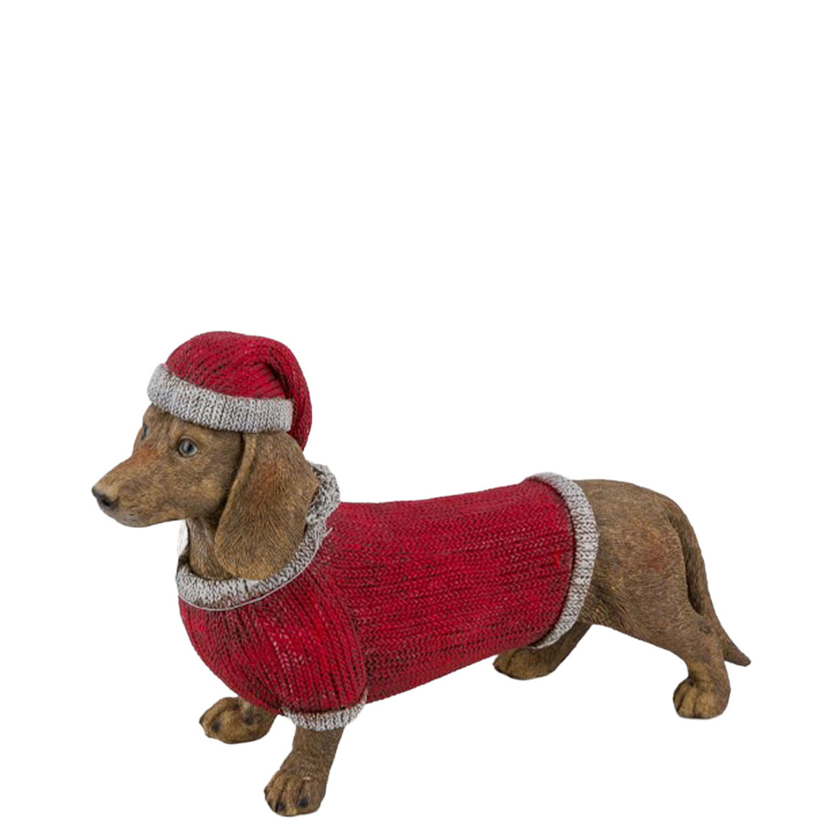 Deko Dackel mit rotem Pullover und Weihnachtsmütze, kleiner Polydackel, 18cm  