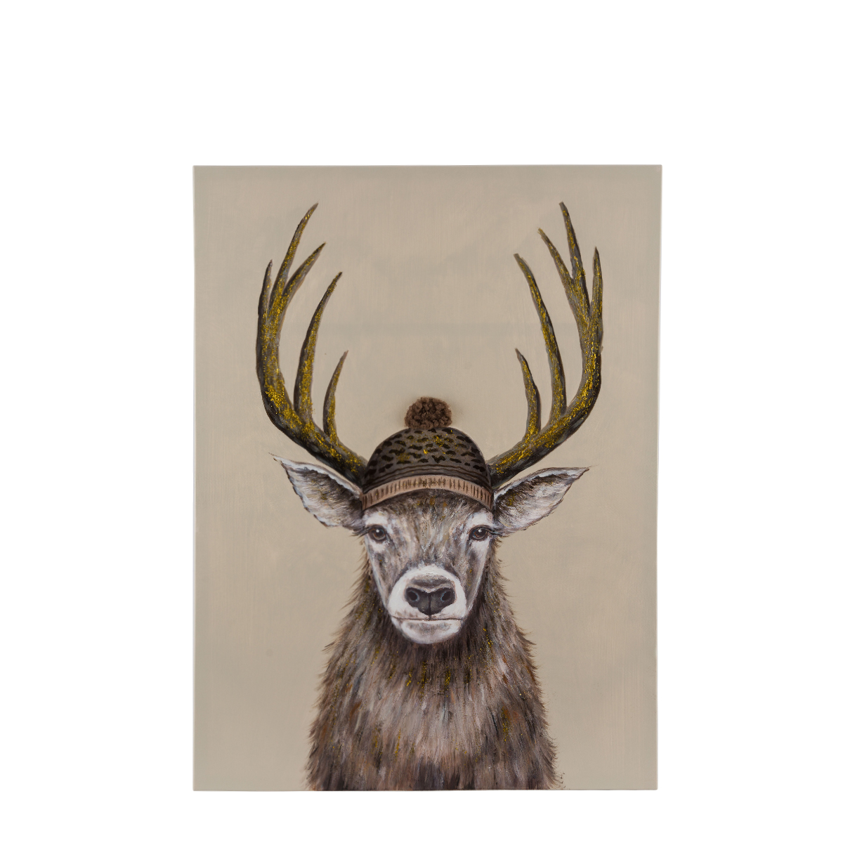 Kanevasbild Hirsch, Leinwandbild Winterhirsch mit Pudelmütze, 40x60cm