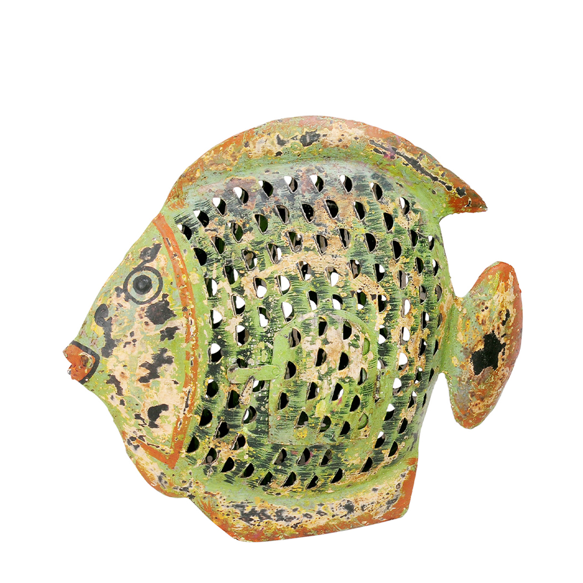 Deko Windlicht Fisch grün used look, Metallfisch mit kleinem Türchen, 31x24cm