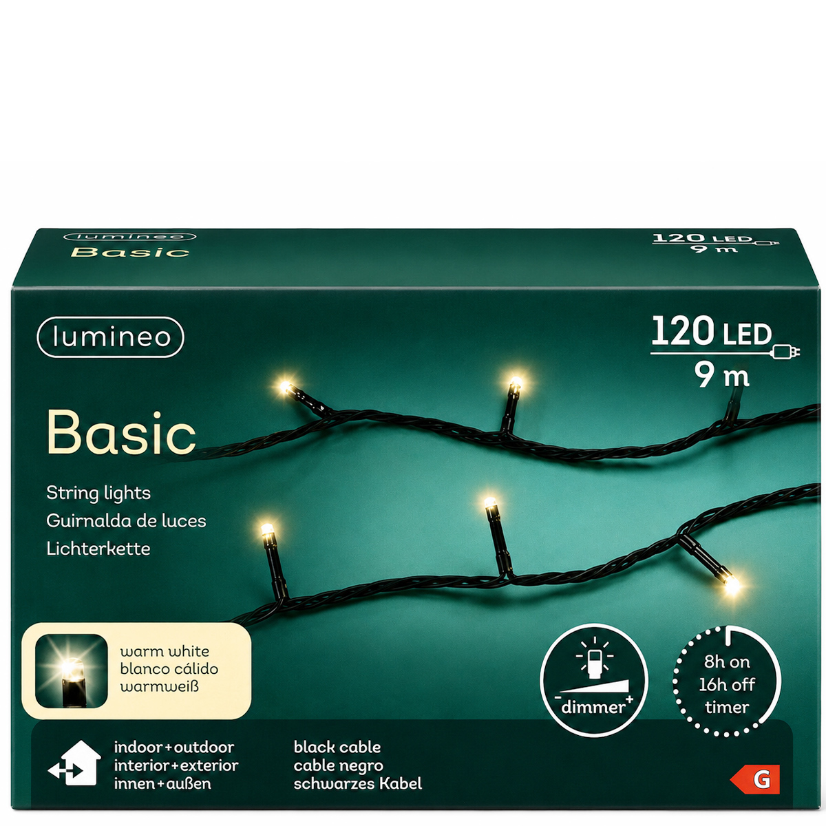 LED Lichterkette, warmes Weiß, 120 LED, 900cm, Outdoor, Lumineo