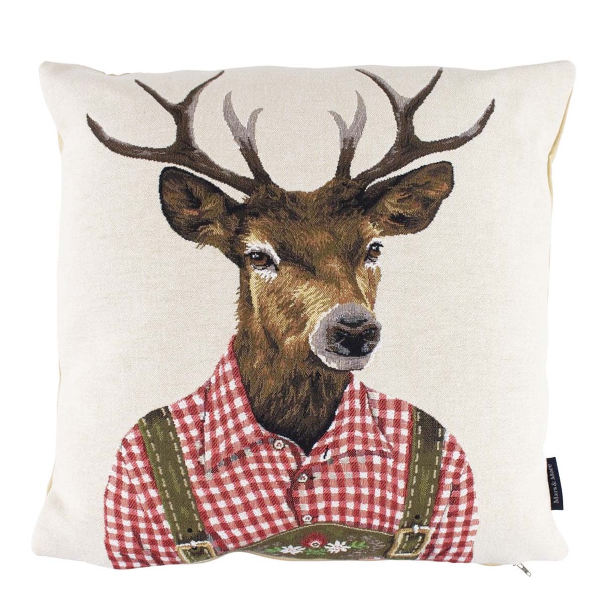 Gobelin Kissen Hirsch, Tiroler Hirsch mit rot kariertem Hemd, 45x45cm, Mars & More