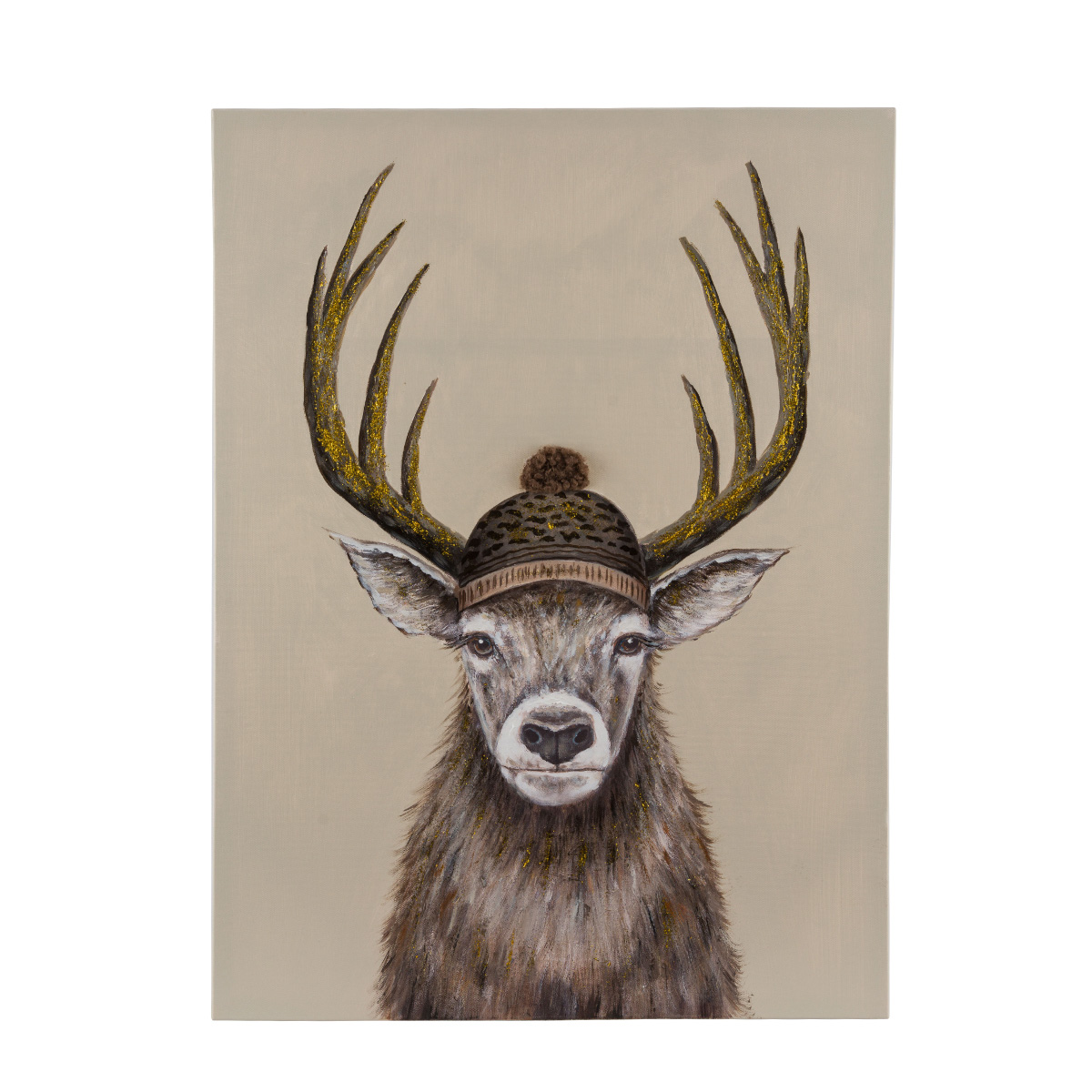 Kanevasbild Hirsch, Leinwandbild Winterhirsch mit Pudelmütze, 60x80cm