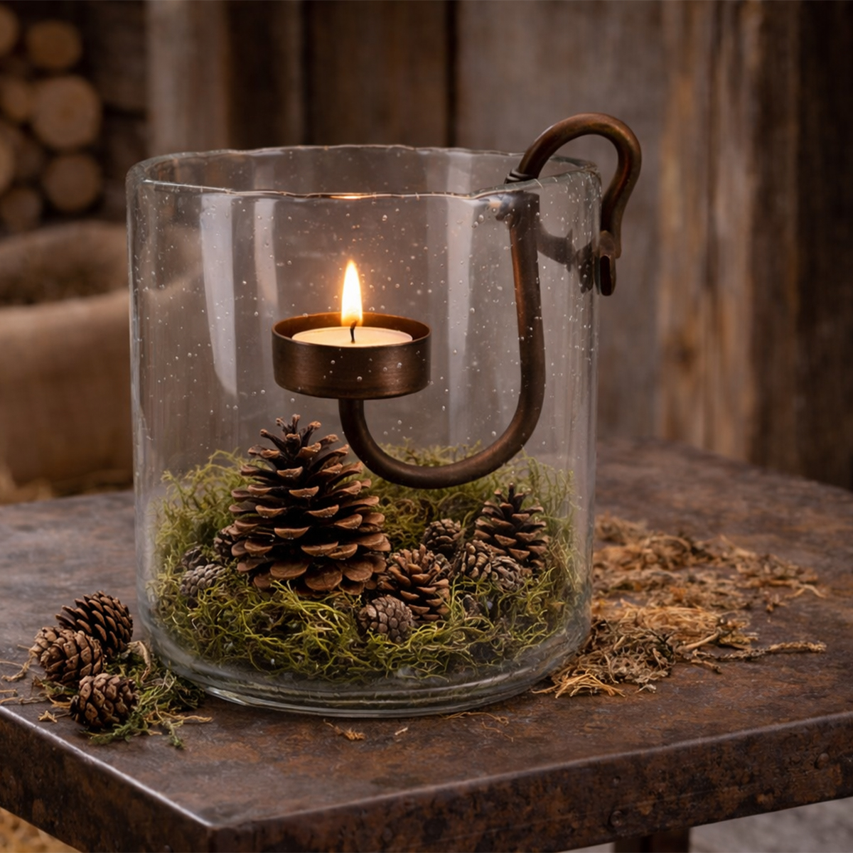 Deko Windlicht Verre, Glaswindlicht mit abnehmbaren Kerzenhalter aus Metall, 13x15cm