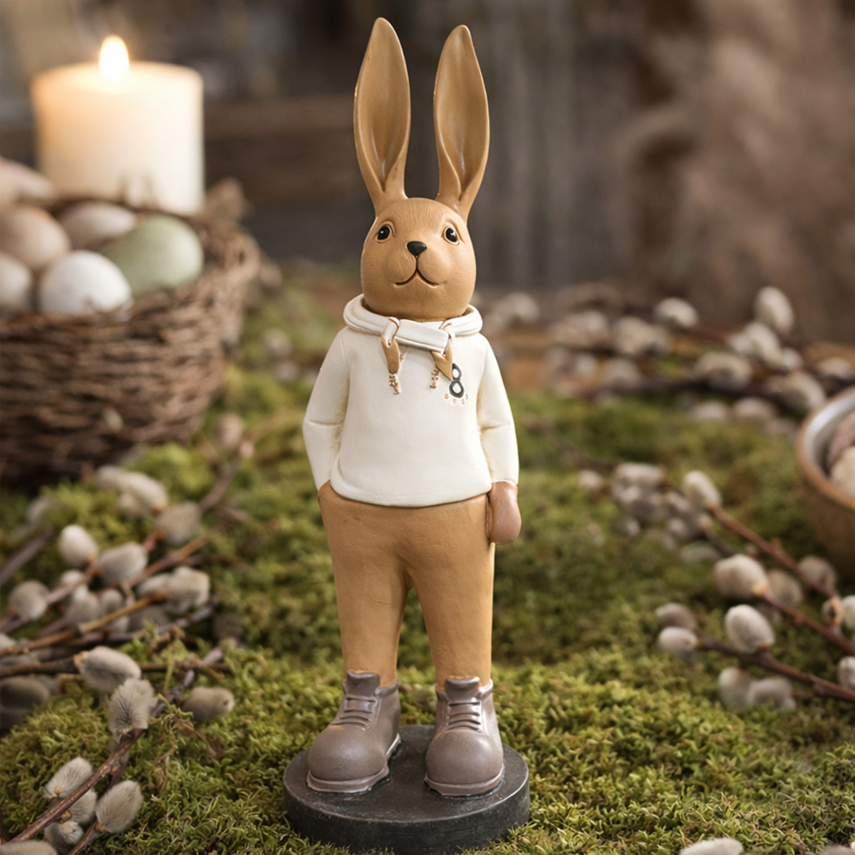 Deko Hase mit Hoody, cooler Osterhase aus Polyresin, 42cm 