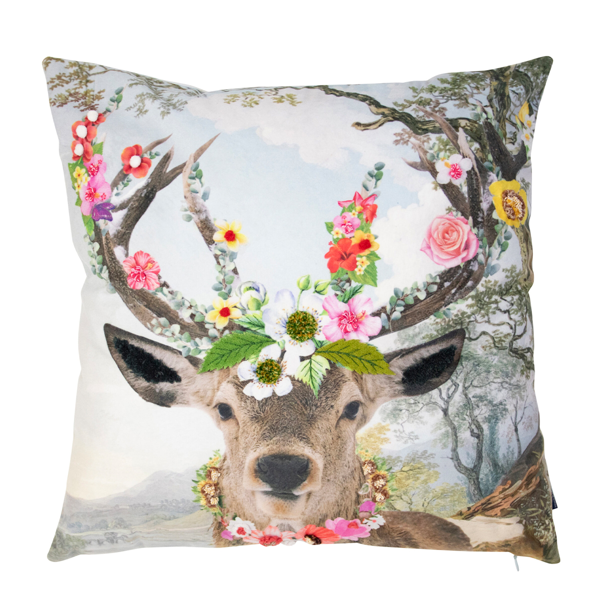 Deko Kissen Hirsch Fleury, Hirsch mit Blumengeweih und Blumenkranz, 45x45cm, Mars & More