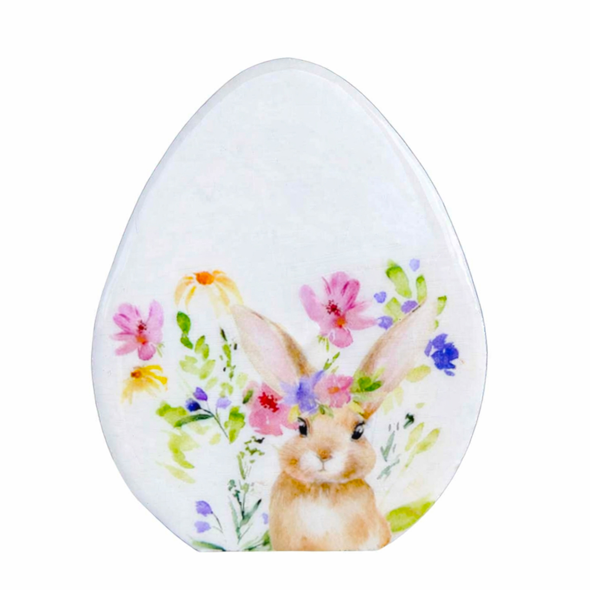 Deko Osterei mit putzigem Häschen und Blumen, Holzei mit Osterhase, 14cm, Aufsteller