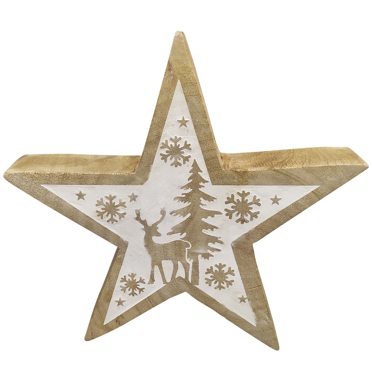 Deko Stern Winter, Holzstern mit Hirsch, Eiskristall und Tannenbaum, natur-weiß, 20x20cm