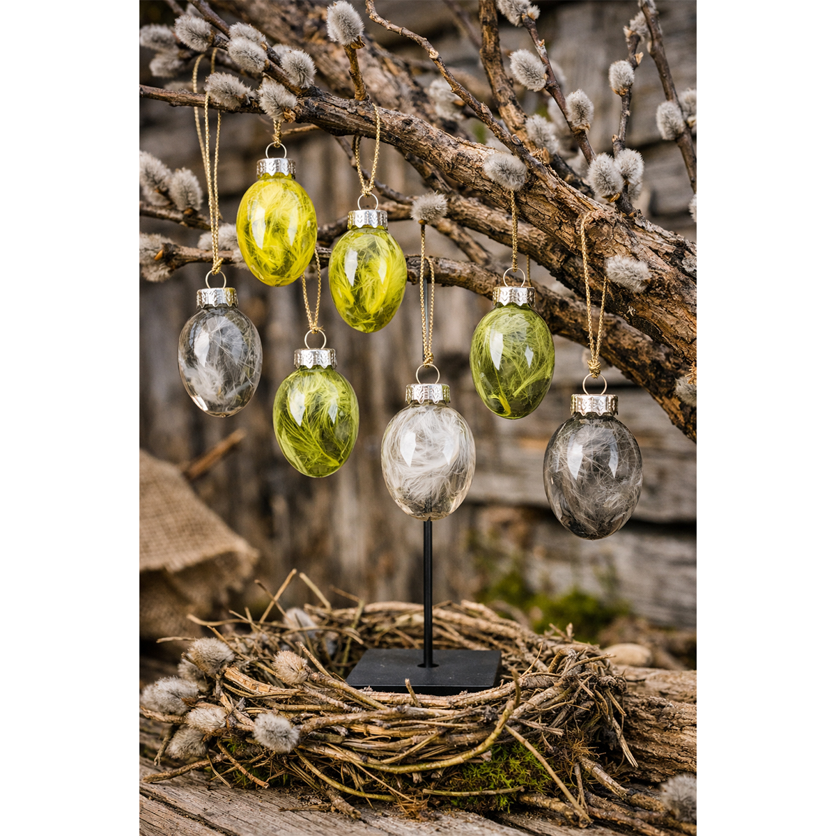 Deko Eier mit Federn, kleine Glaseier mit Federn in grün, weiß, gelb, 9/Set 
