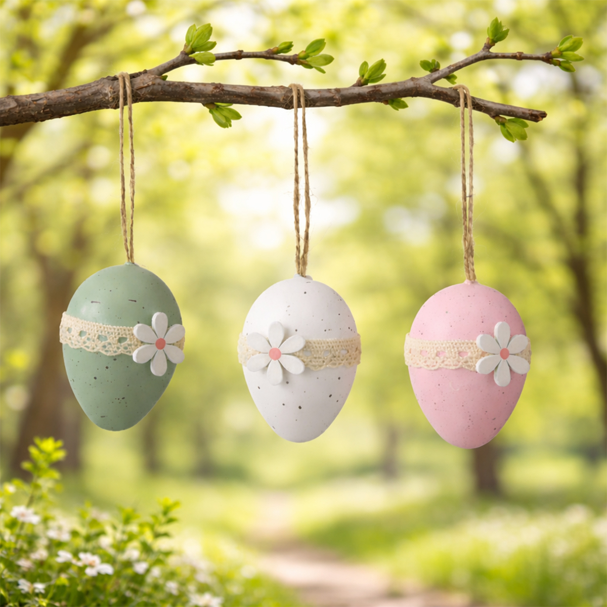 Deko Eier Landhaus, Ostereier mit Holzblumen, rosa, mintgrün und weiß, 6St/Box