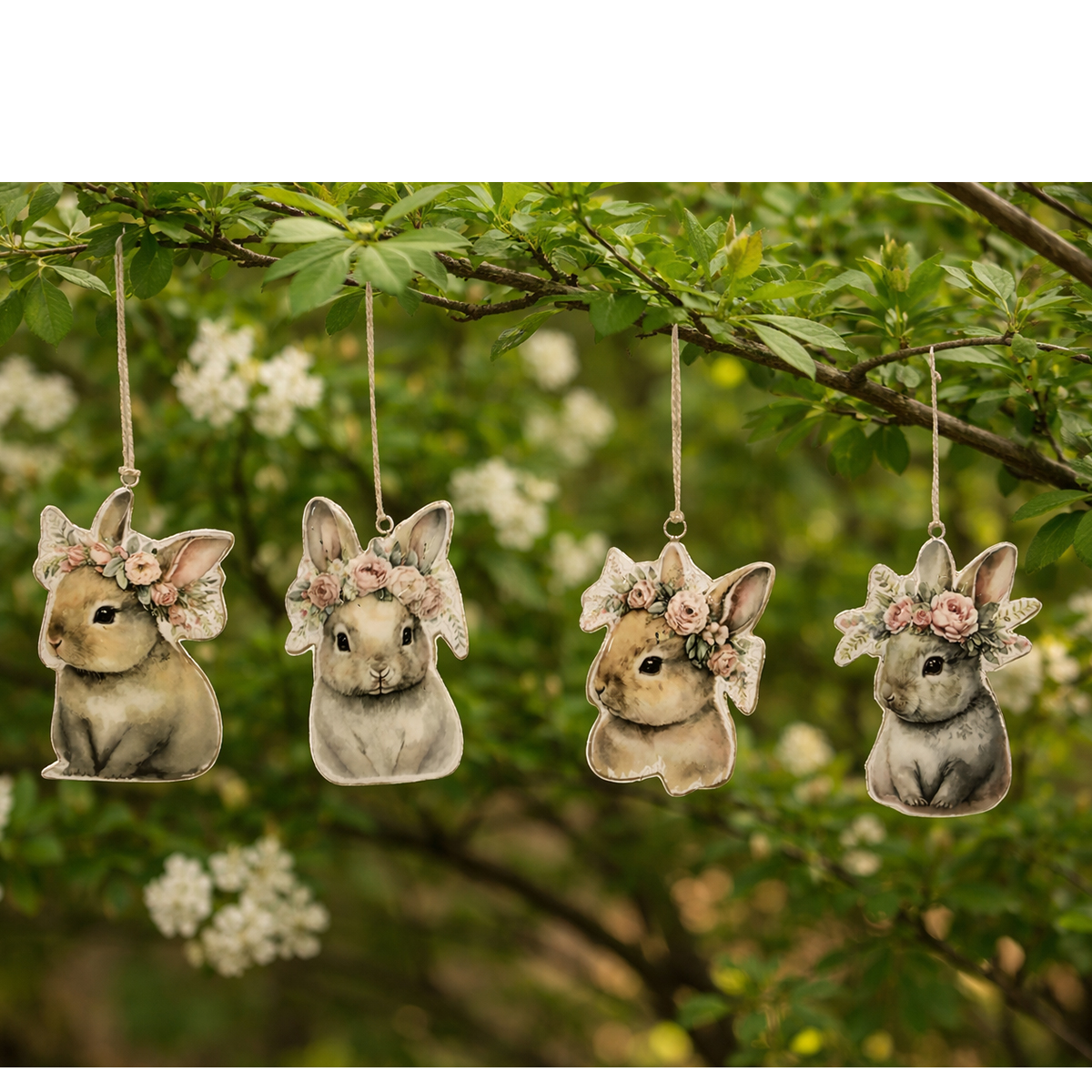 Deko Hänger Hasen mit Blumenkranz, Metallhänger putzige Osterhasen, 10cm