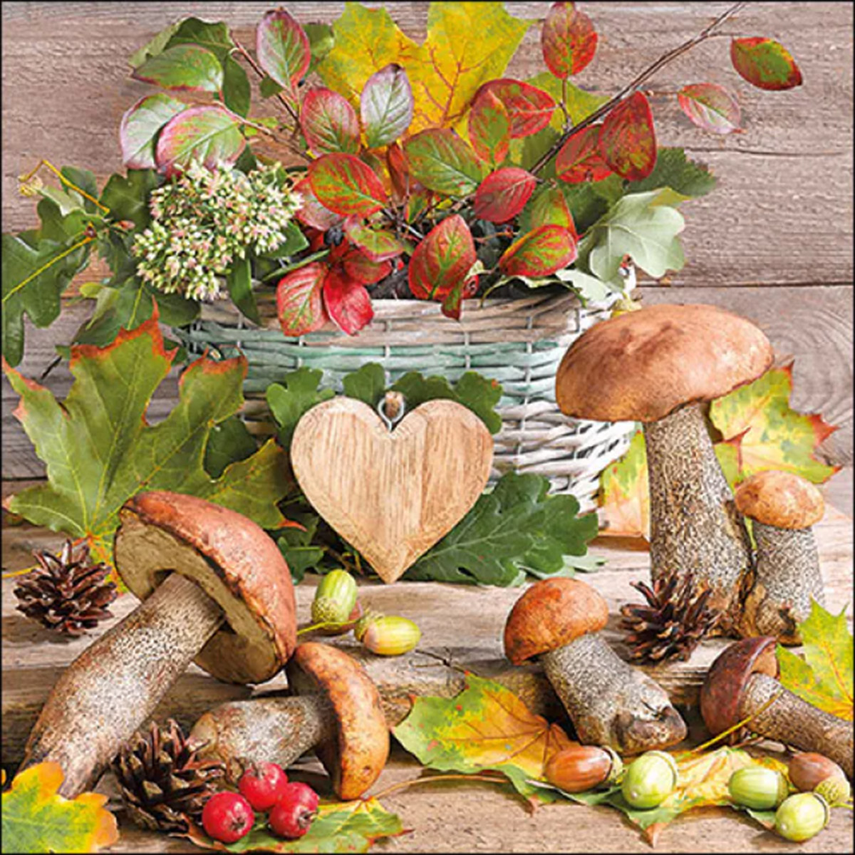 Ambiente Servietten Pilz und Holzherz, Wooden heart, 33x33cm