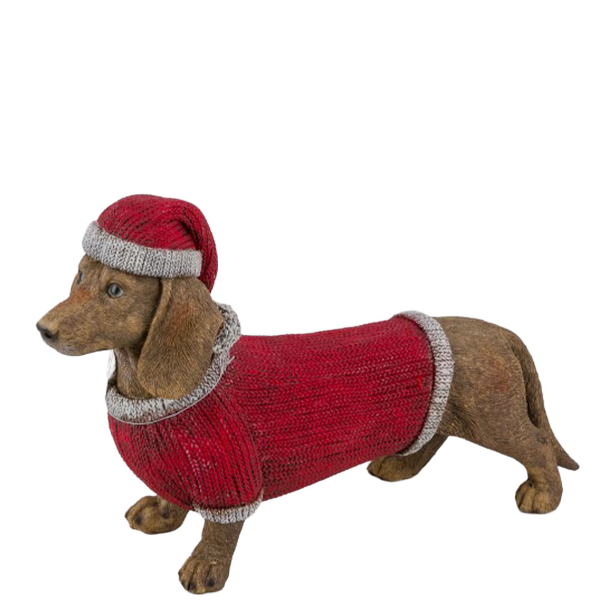 Deko Dackel mit rotem Pullover und Weihnachtsmütze, großer Polydackel, 32cm  