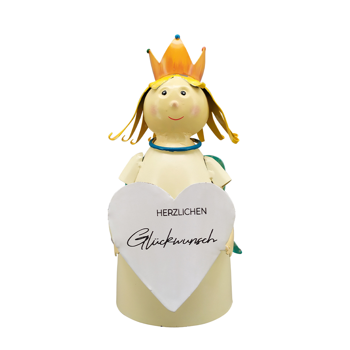 Zaunhocker Engel Schutzengel, Metallengel mit Krone und Schild: Herzlichen Glückwunsch, 21cm