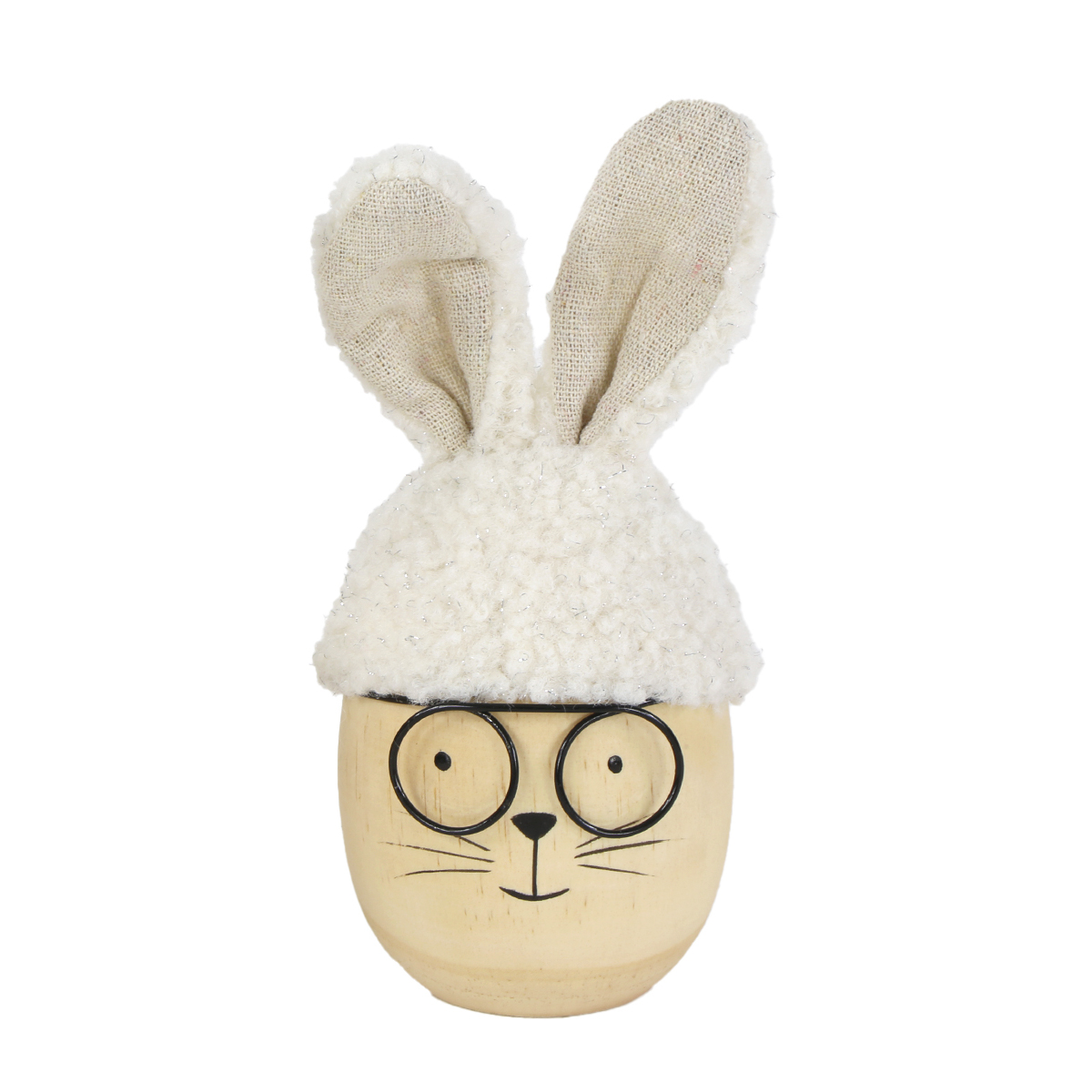 Deko Ei Hase, Holzei Hase mit Brille und Plüschmütze, creme, 17cm