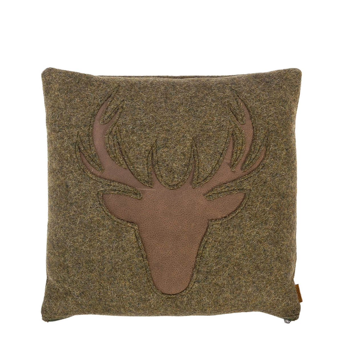 Landhaus Loden Kissen "Johann" moosgrünes Filzkissen mit Lederapplikation Hirsch, 42x42cm