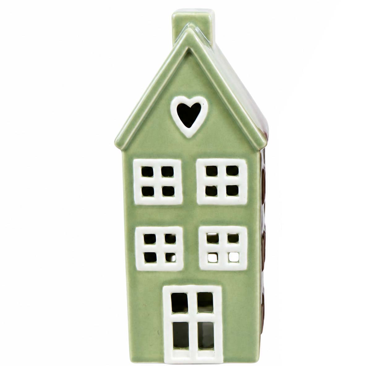 Windlicht Haus grün-weiß, putziges großes Keramikhaus mit Herz, 17cm