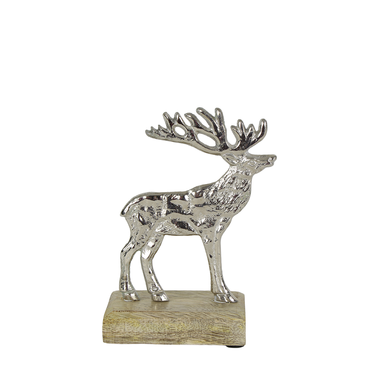 Metallhirsch auf Holzsockel, Metallhirsch silber beschlagen, 12cm