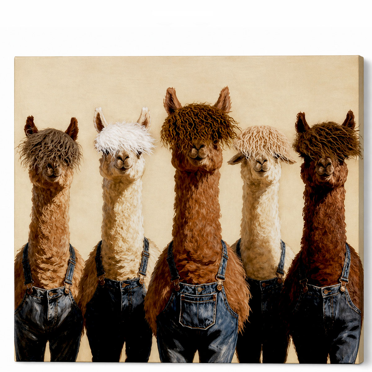 Kanevas-Bild 5 coole Alpakas in Jeans, 80x80cm