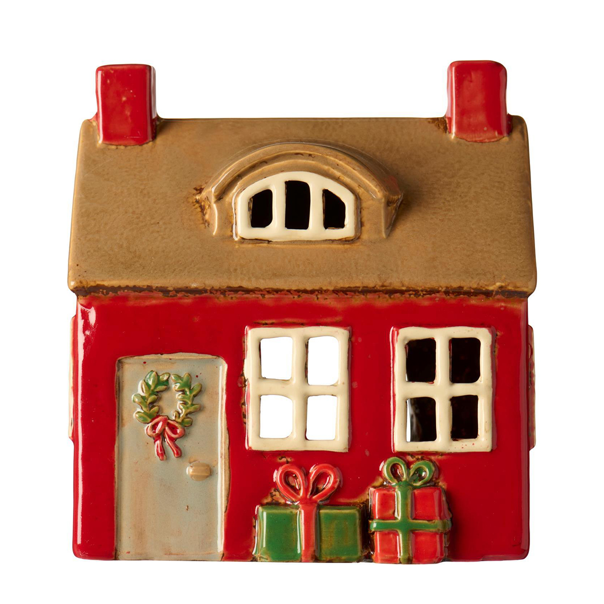 Deko Weihnachtshaus, Keramikhaus mit Türkranz und Geschenke, Windlichthaus rot, Ib Laursen 