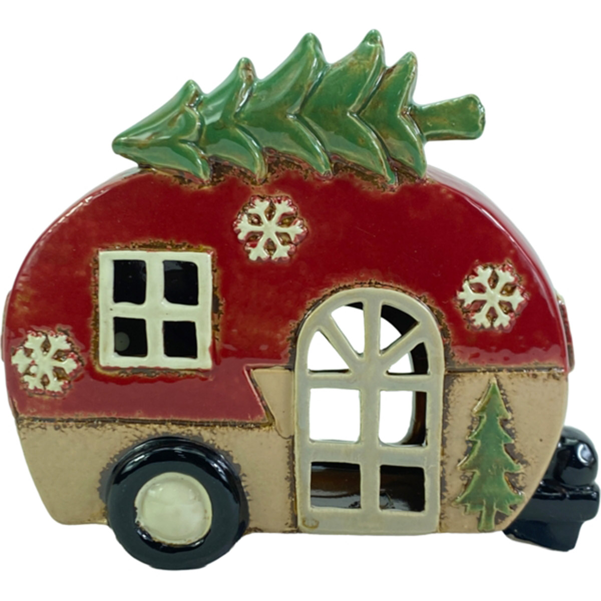 Deko Windlicht Wohnmobil rot,  Weihnachtscamper aus Keramik  