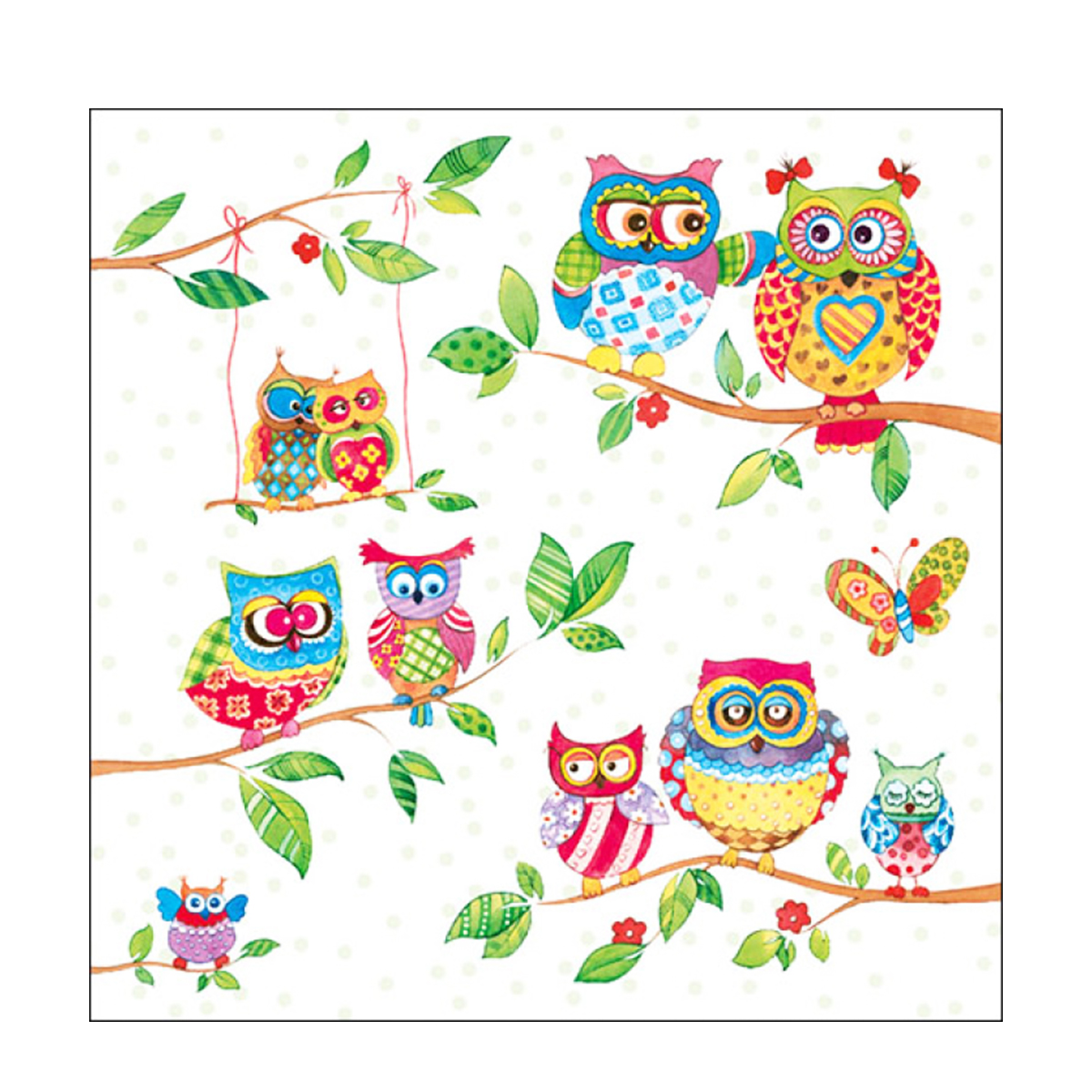 13308715_01J2R4ZX28CTJXYD3G731P9MXZ Ambiente Papierservietten bunte Eulen, 33x33cm