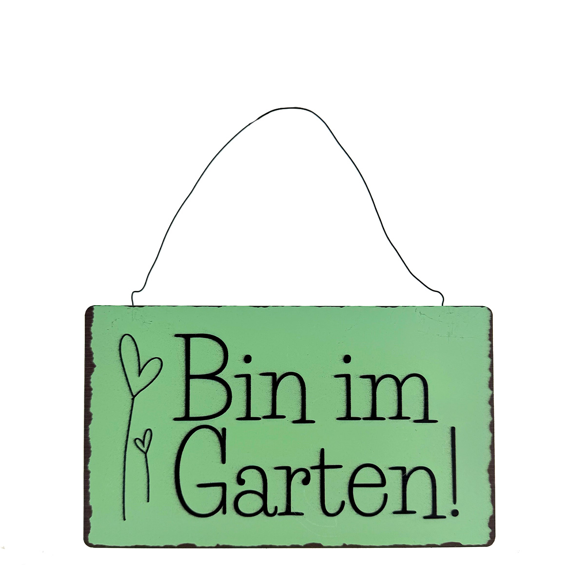 Metall-Schild mit Schriftzug: Bin im Garten, grün, 22cm