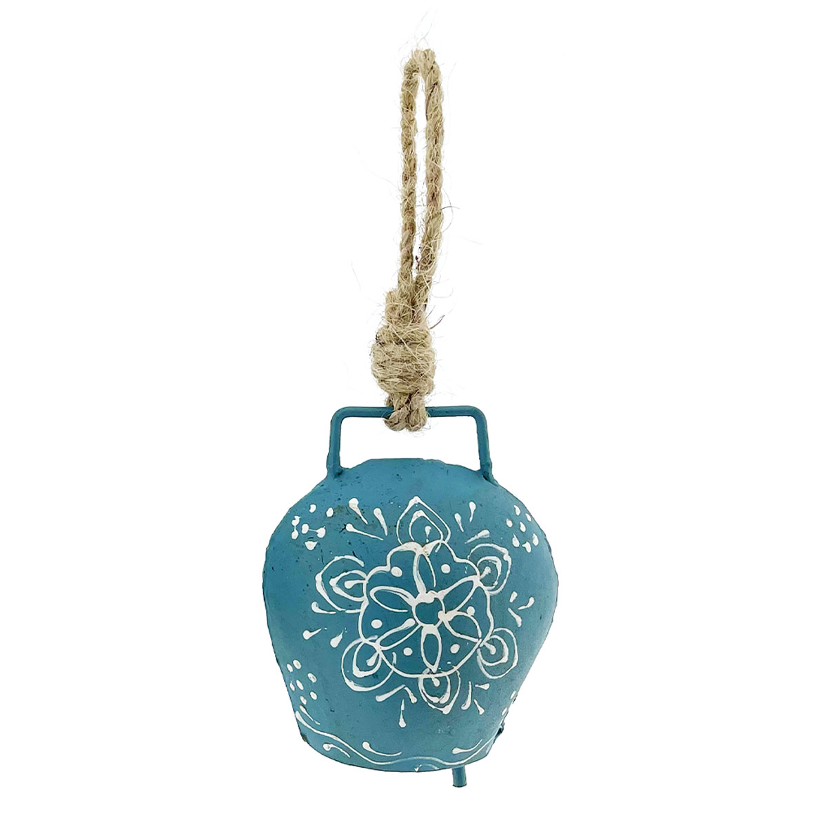 Deko Glocke blau mit Klang, Kuhglocke mit Blumenmuster blau-weiß, 9cm