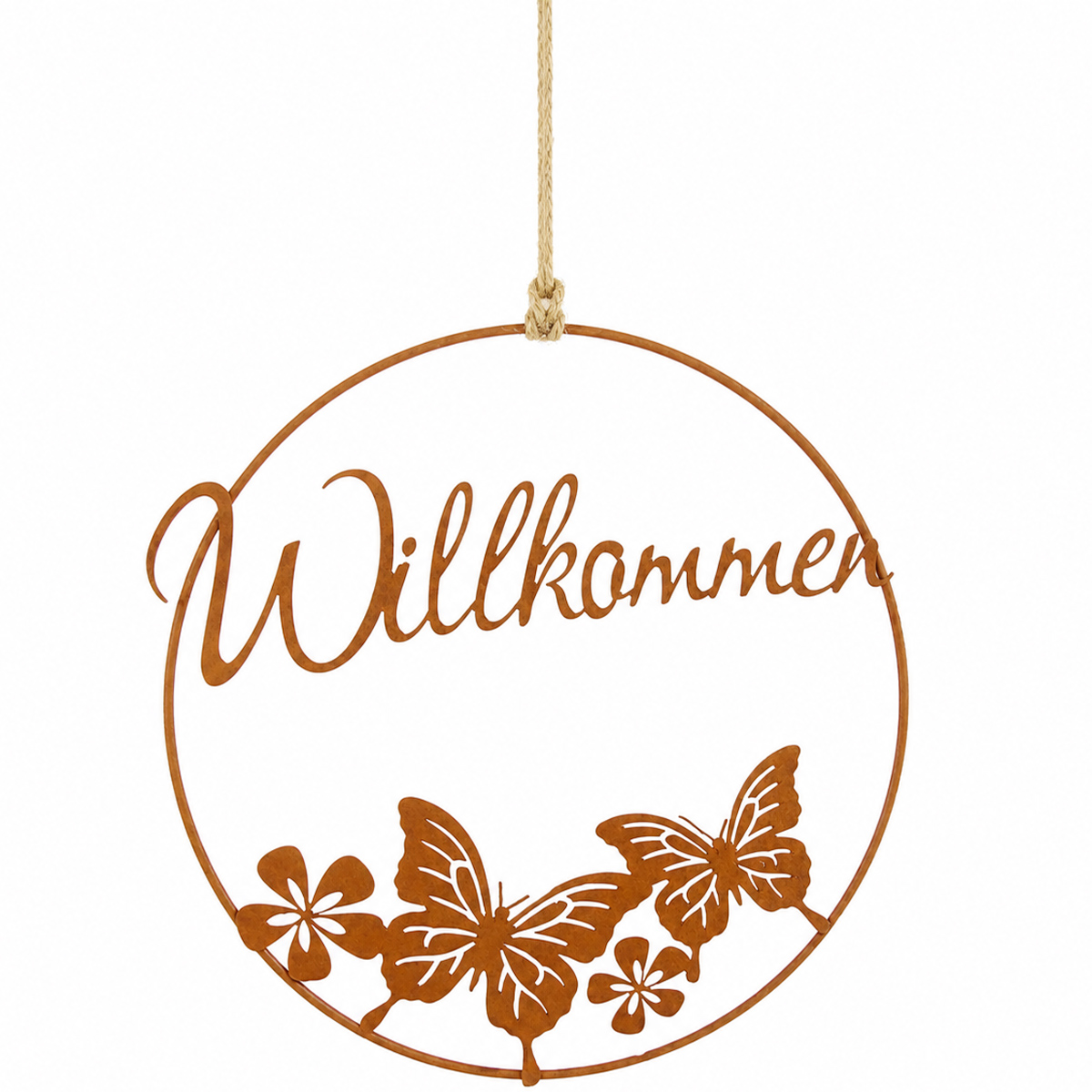 Deko Türkranz Willkommen, filigraner Rostring mit Schmetterlinge und Blumen, Hänger