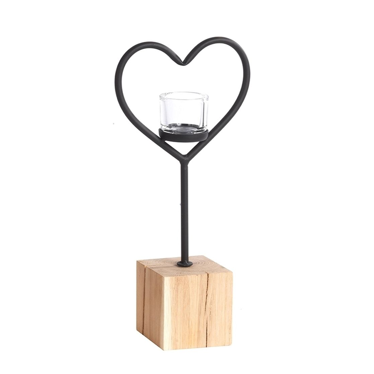 Windlicht Herz Elisa, Metallherz auf Holzwürfel, 60cm, WMG Grünberger