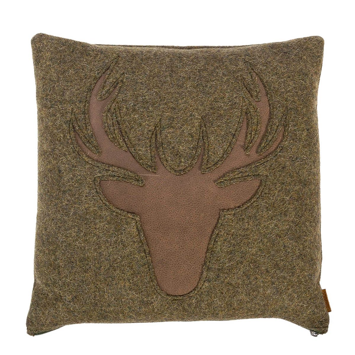 Landhaus Loden Kissen "Johann" moosgrünes Filzkissen mit Lederapplikation Hirsch, 42x42cm