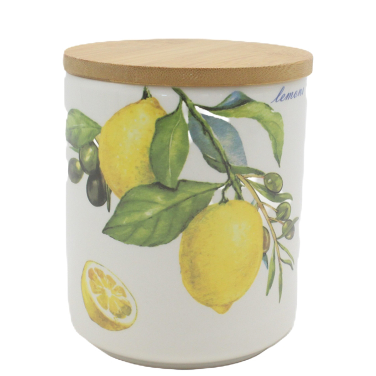 Vorratsdose mit Zitronenmotiv, Keramikdose mit Holzdeckel, 12cm