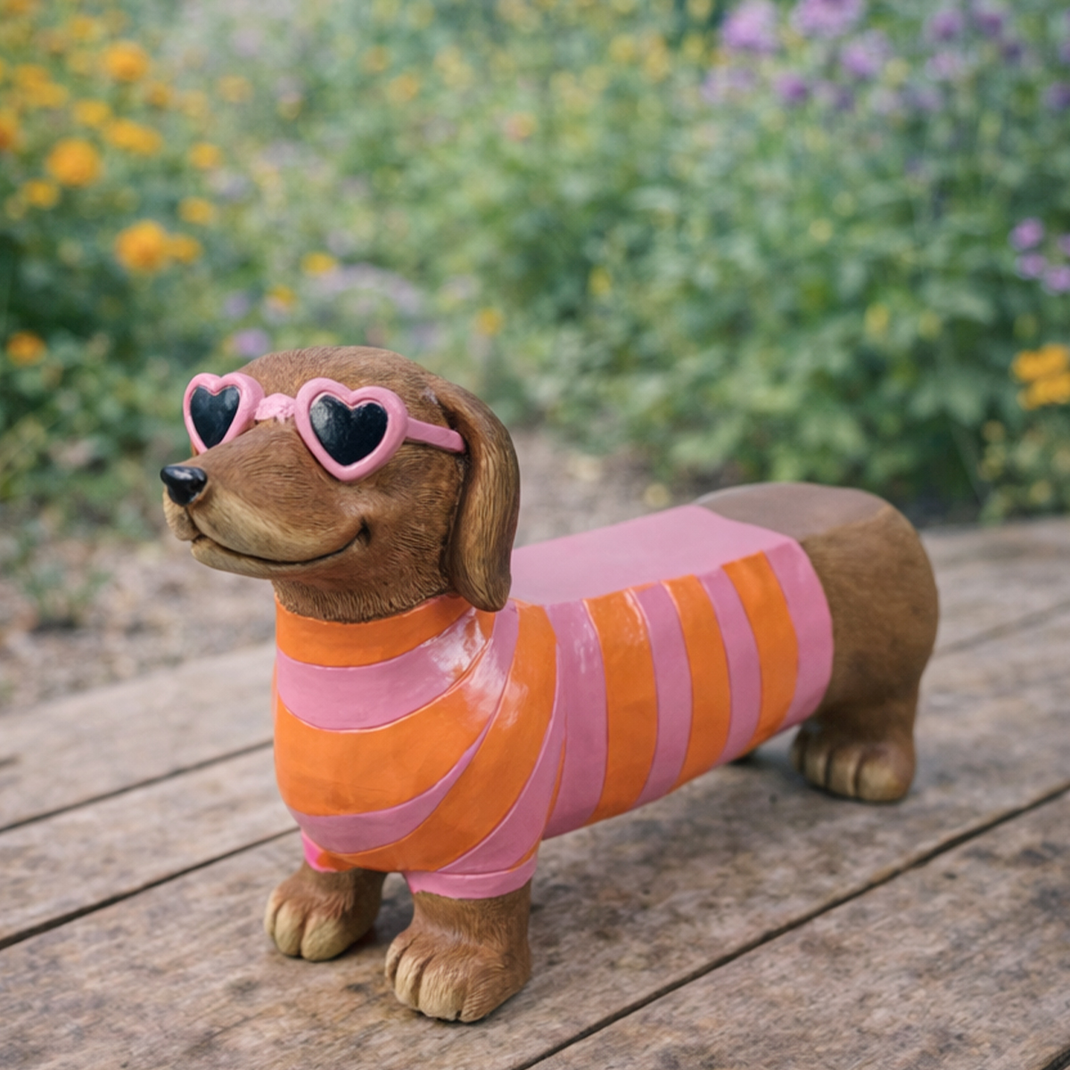 Dackel-Bank, langer Dackel mit Sonnenbrille und Ringelshirt orange-pink, 75cm