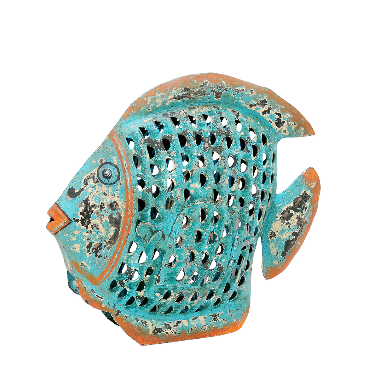 Deko Windlicht Fisch blau used look, Metallfisch mit kleinem Türchen, 31x24cm