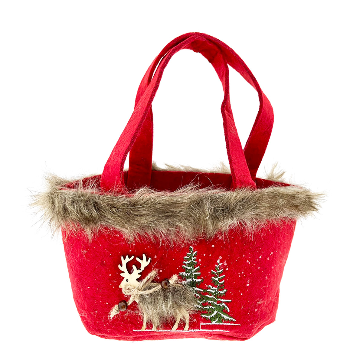 Filztasche mit Henkel, Hirsch und Tannenbäume, mit Fellrand und Holzhirsch, gestickte Tannenbäume